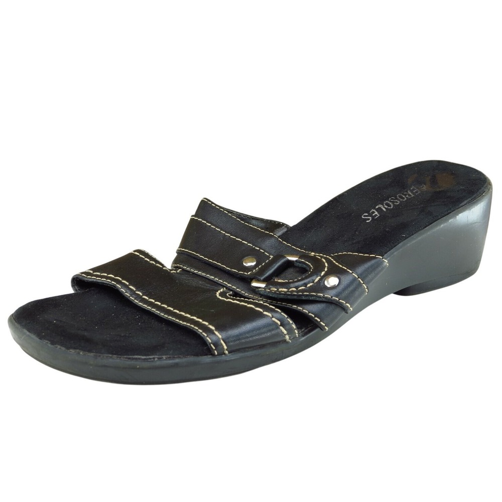 Aerosoles Sz 7.5 M Black Slide Leather Women Sandals‎